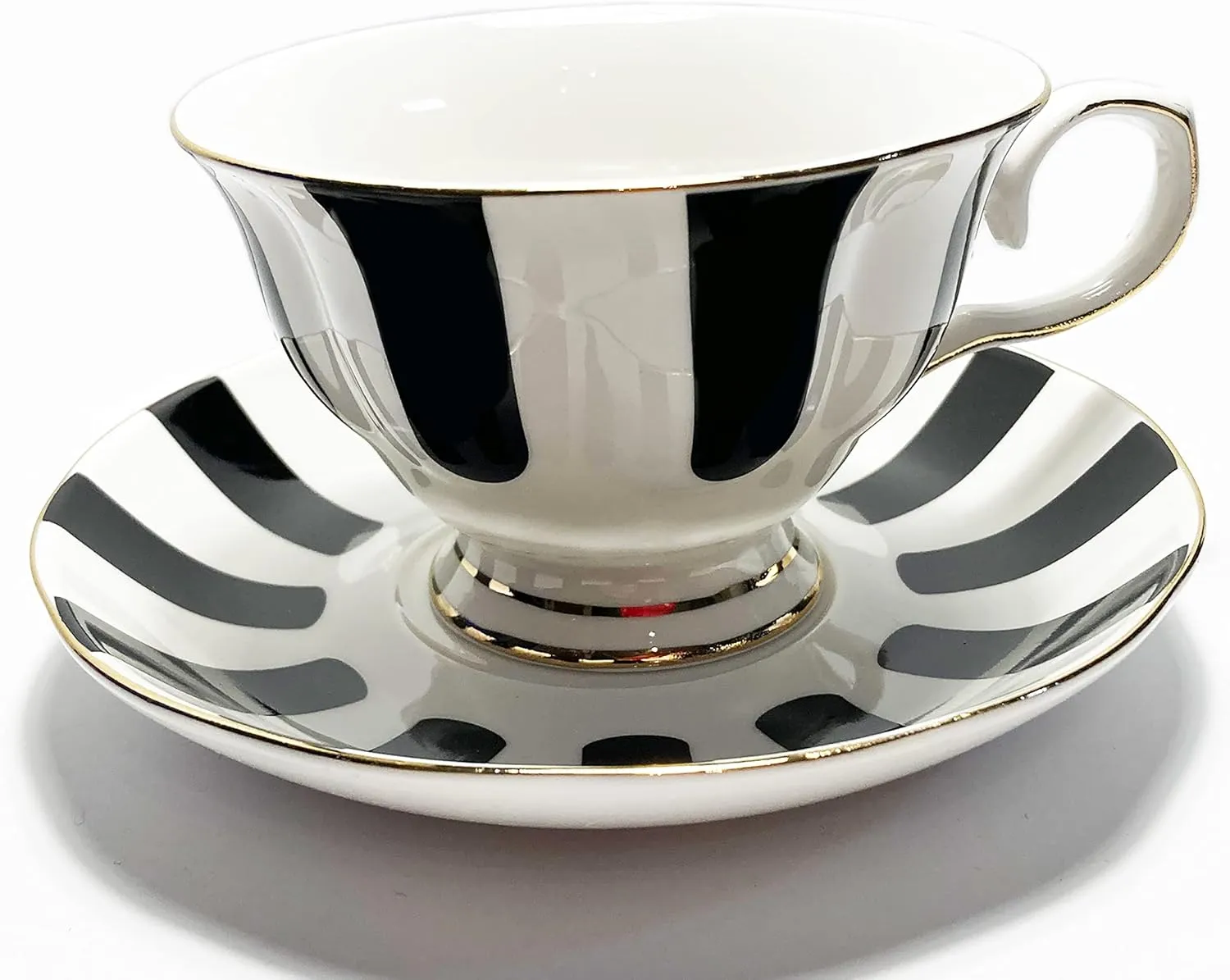 Mazeology Movie Star Retro Black and White Vertical Striped Bone China High Tea Cup and Saucer Set. An Elegant Additional to Your Tea and Coffee Cup Collection. 6 ounces. Fast Prime Delivery.