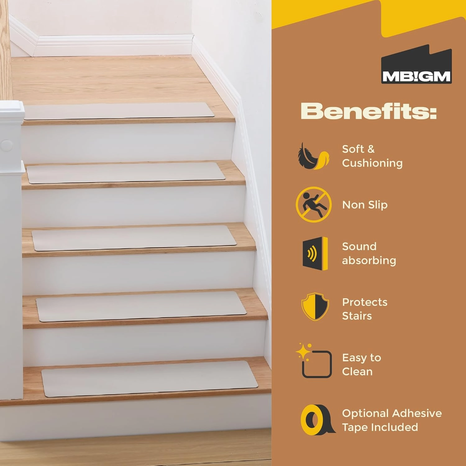 MBIGM Non-Slip Rubber Stair Treads – 15-Pack Beige Indoor Step Mats for Wooden Stairs – Carpet Stair Treads with Rubber Backing for Safety and Grip