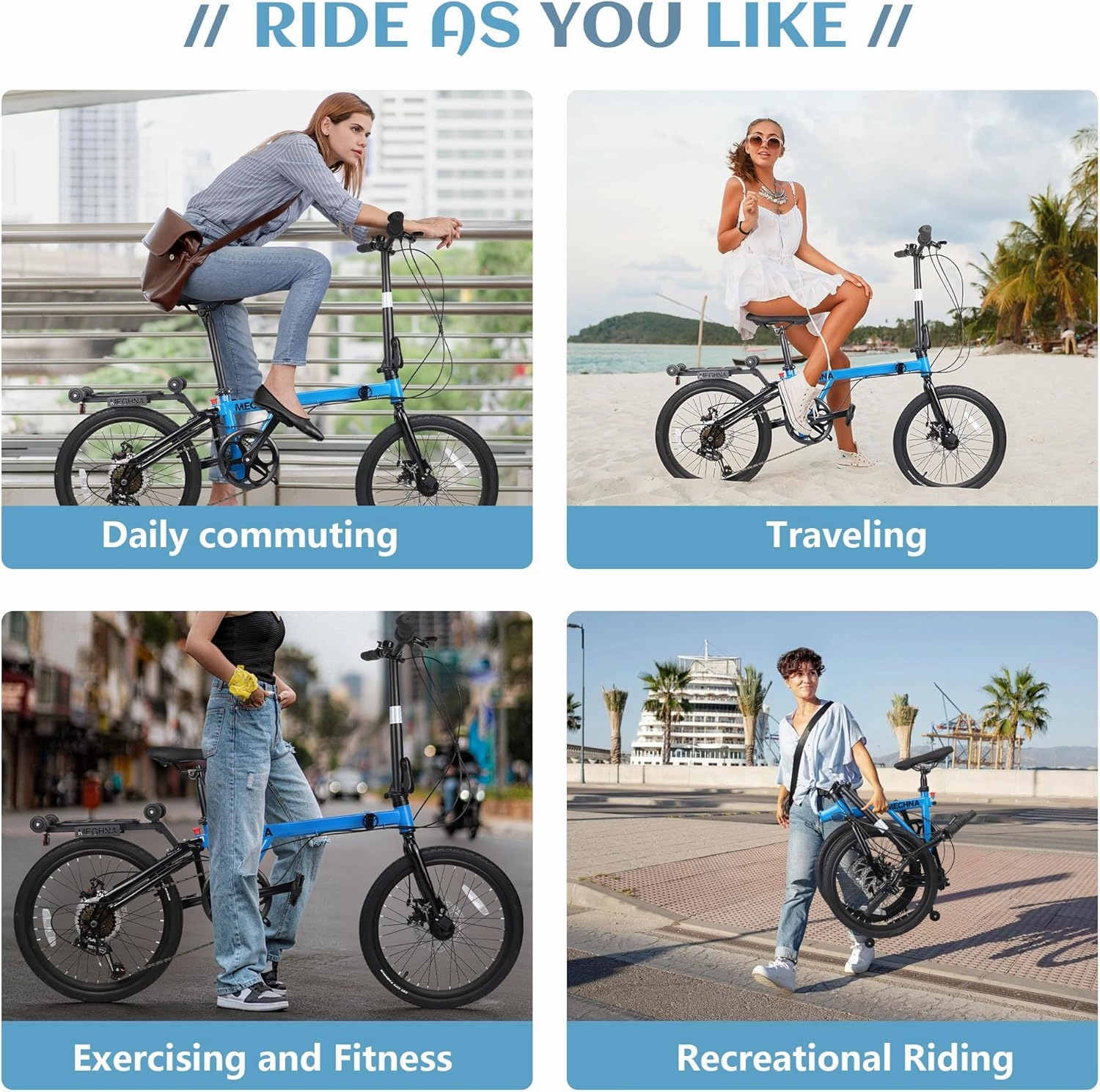 MEGHNA 20 inch Folding Bike Triple-Fold Commuter Bike 7 Speed Portable Folding Bicycle Dual Disc Brakes 20 x 1.75 inch Tire Flat Handlebar Bike with Cargo Rack, Multi - Colors (White/Blue/Green)