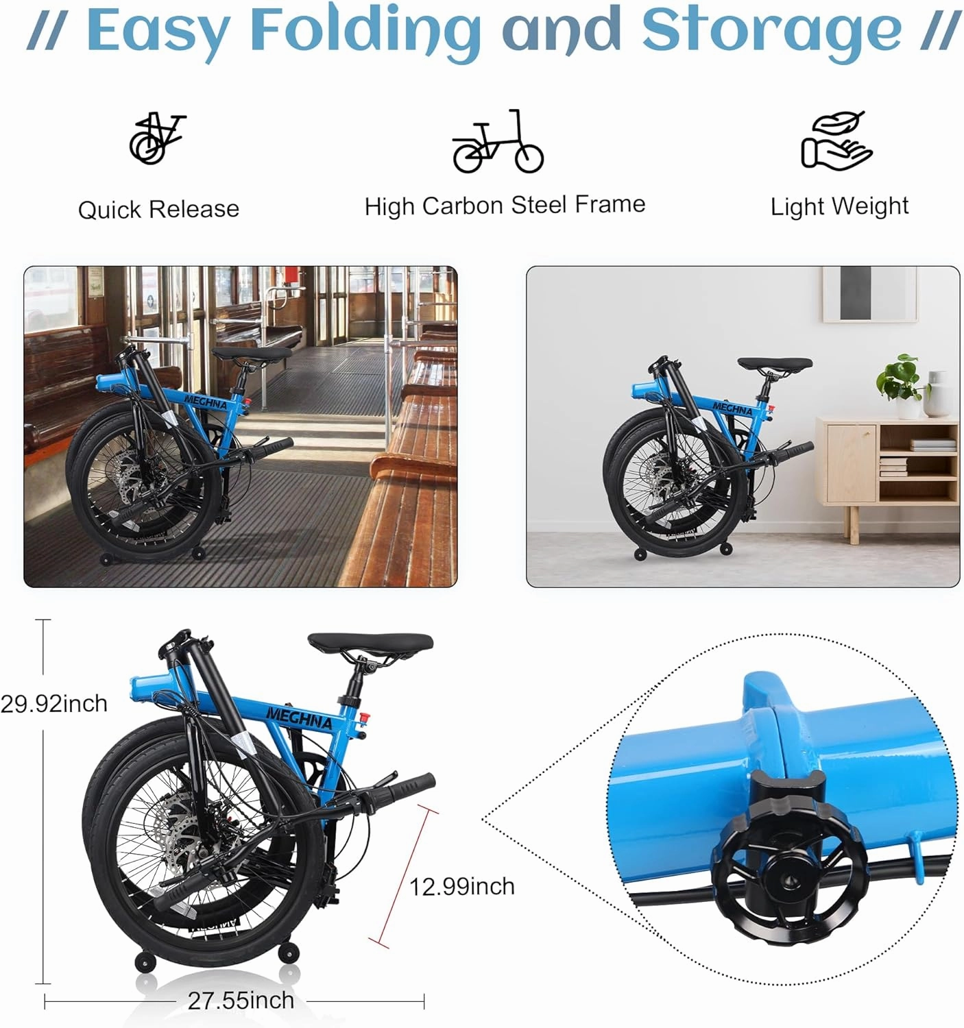 MEGHNA 20 inch Folding Bike Triple-Fold Commuter Bike 7 Speed Portable Folding Bicycle Dual Disc Brakes 20 x 1.75 inch Tire Flat Handlebar Bike with Cargo Rack, Multi - Colors (White/Blue/Green)