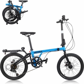MEGHNA 20 inch Folding Bike Triple-Fold Commuter Bike 7 Speed Portable Folding Bicycle Dual Disc Brakes 20 x 1.75 inch Tire Flat Handlebar Bike with Cargo Rack, Multi - Colors (White/Blue/Green)