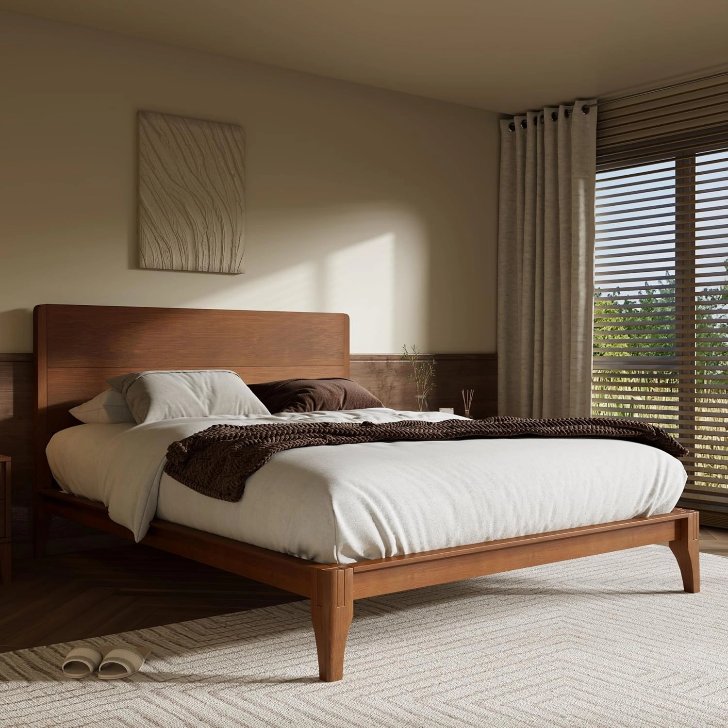 Merax King Size Bamboo Platform Bed, Mid-Century Modern Bed Frame with Tall Headboard, Wood Slat Support, No Box Spring Needed, Easy Assembly, Brown