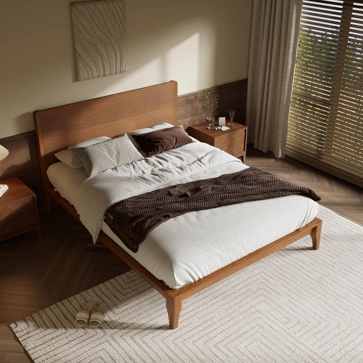 Merax King Size Bamboo Platform Bed, Mid-Century Modern Bed Frame with Tall Headboard, Wood Slat Support, No Box Spring Needed, Easy Assembly, Brown