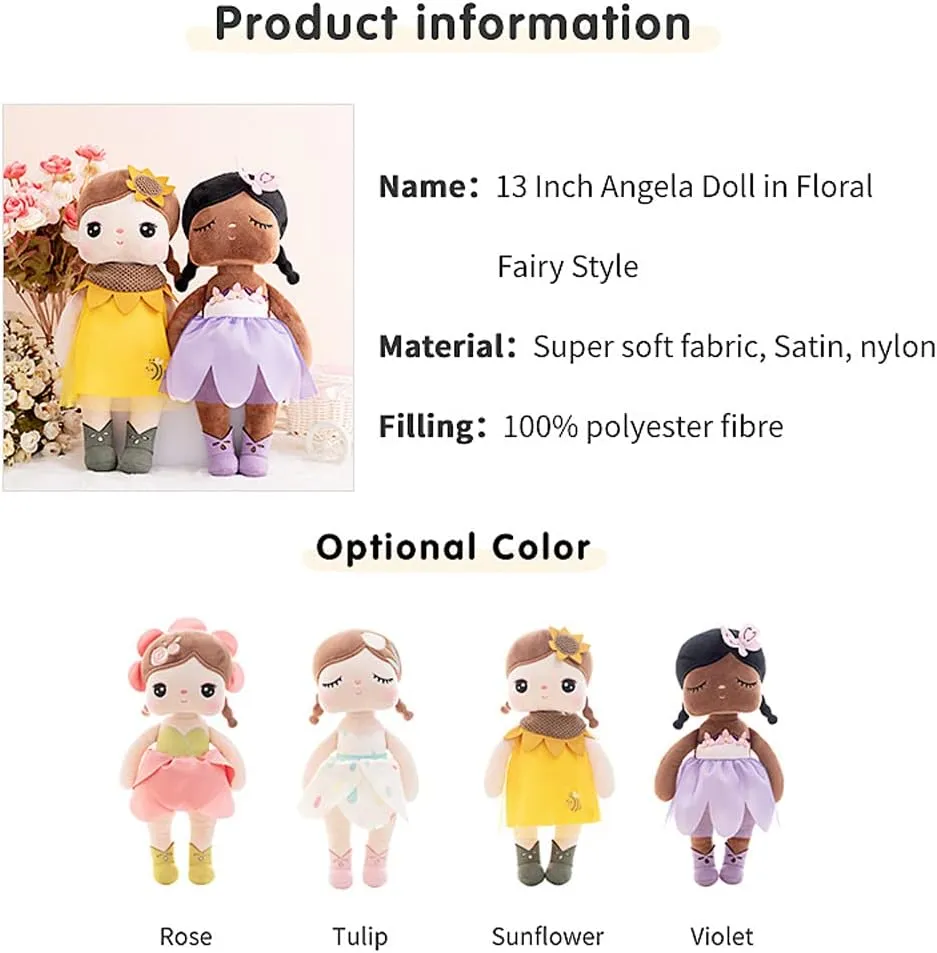 MeToo Princess Doll - 13" Soft Plush Angela Doll, Cute Flower Fairy, Non-Toxic PP Cotton, Tulips