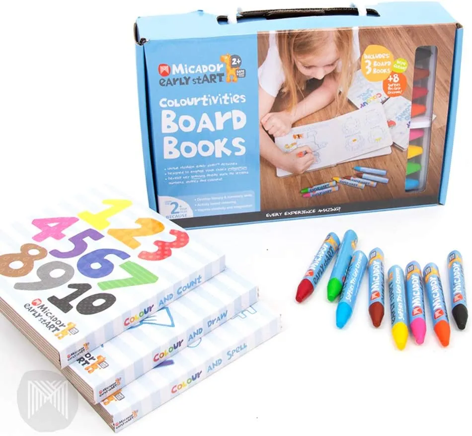 Micador Early Start Colourtivities Board Book Set - 3 Wipe Clean Board Books   8 Triangle Grip Crayons - Learn Letters, Shapes, Colors - Educational Activites - Ages 2 