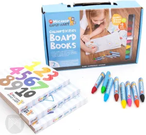 Micador Early Start Colourtivities Board Book Set - 3 Wipe Clean Board Books   8 Triangle Grip Crayons - Learn Letters, Shapes, Colors - Educational Activites - Ages 2 