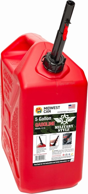 Midwest Can 5110 Heavy Duty Military Style 5 Gallon Gas Can – Durable Fuel Container with FlameShield Safety System & Quick-Flow Spout - 1 Pack