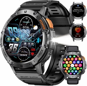 Military Smart Watches for Men(Answer/Make Calls) with LED Flashlight,530mAh Large Battery,1.43’’ AMOLED Fitness Tracker Heart Rate/SpO2/Sleep Monitor 5ATM Smartwatch for Android iOS,Silicone