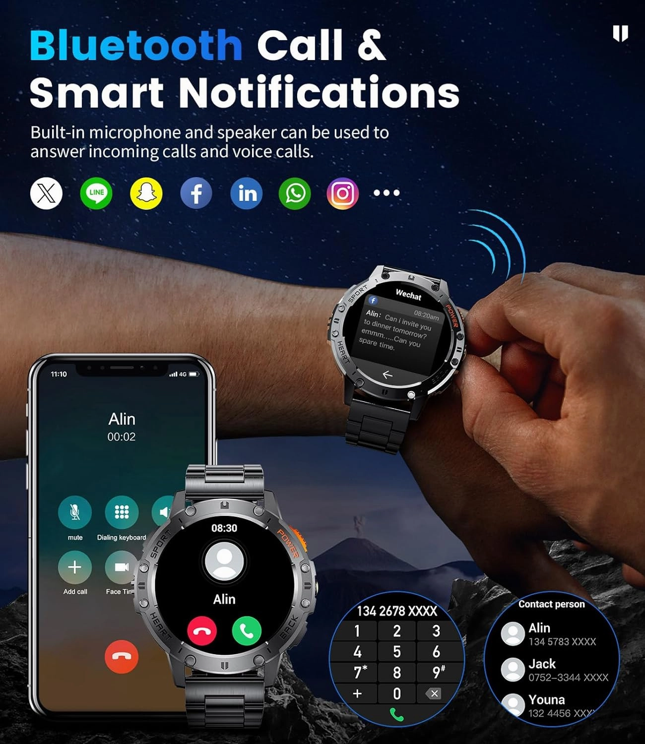 Military Smart Watches for Men(Answer/Make Calls) with LED Flashlight,530mAh Large Battery,1.43’’ AMOLED Heart Rate/Sleep Monitor 5ATM Waterproof Smartwatch for Android iOS,100 Sport Modes,3 Straps