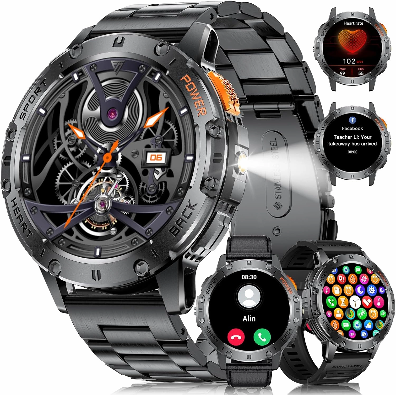 Military Smart Watches for Men(Answer/Make Calls) with LED Flashlight,530mAh Large Battery,1.43’’ AMOLED Heart Rate/Sleep Monitor 5ATM Waterproof Smartwatch for Android iOS,100 Sport Modes,3 Straps