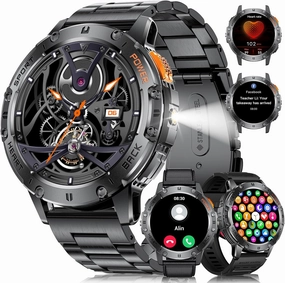Military Smart Watches for Men(Answer/Make Calls) with LED Flashlight,530mAh Large Battery,1.43’’ AMOLED Heart Rate/Sleep Monitor 5ATM Waterproof Smartwatch for Android iOS,100 Sport Modes,3 Straps