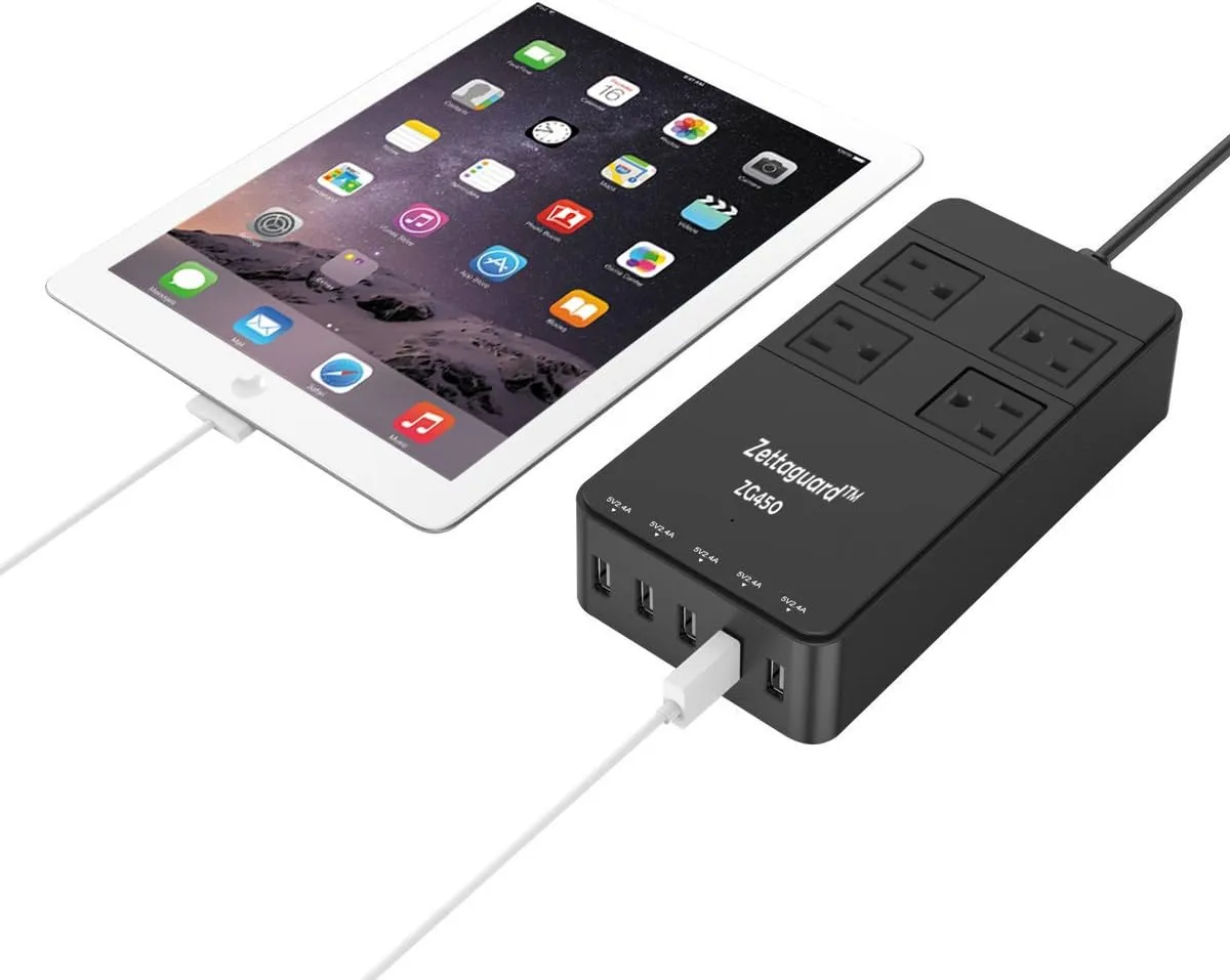 Mini 4-Outlet Travel Power Strip Surge Protector with USB Charger USB Charging Station (5-Port Smart, 40W/8A) and 5 Feet Power Cord, Black