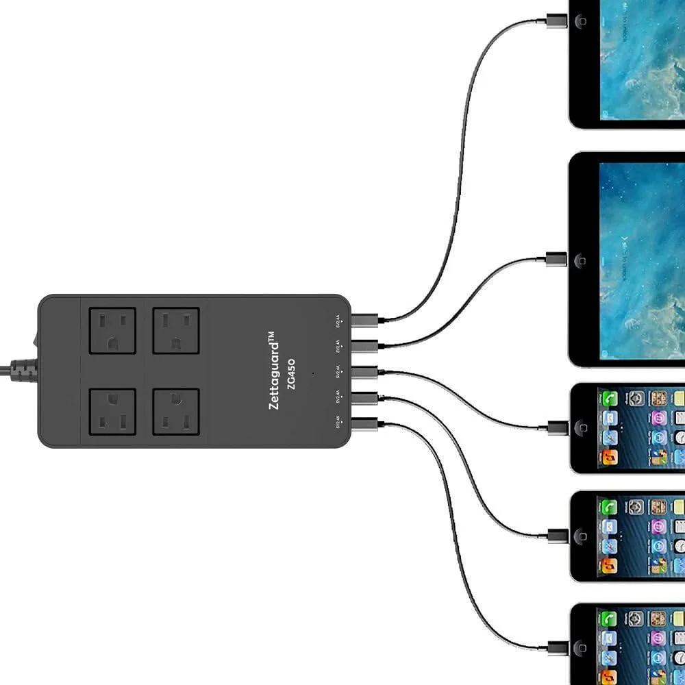 Mini 4-Outlet Travel Power Strip Surge Protector with USB Charger USB Charging Station (5-Port Smart, 40W/8A) and 5 Feet Power Cord, Black