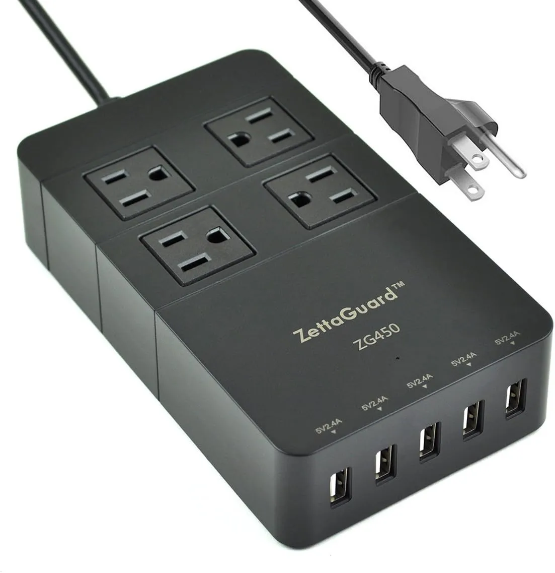 Mini 4-Outlet Travel Power Strip Surge Protector with USB Charger USB Charging Station (5-Port Smart, 40W/8A) and 5 Feet Power Cord, Black