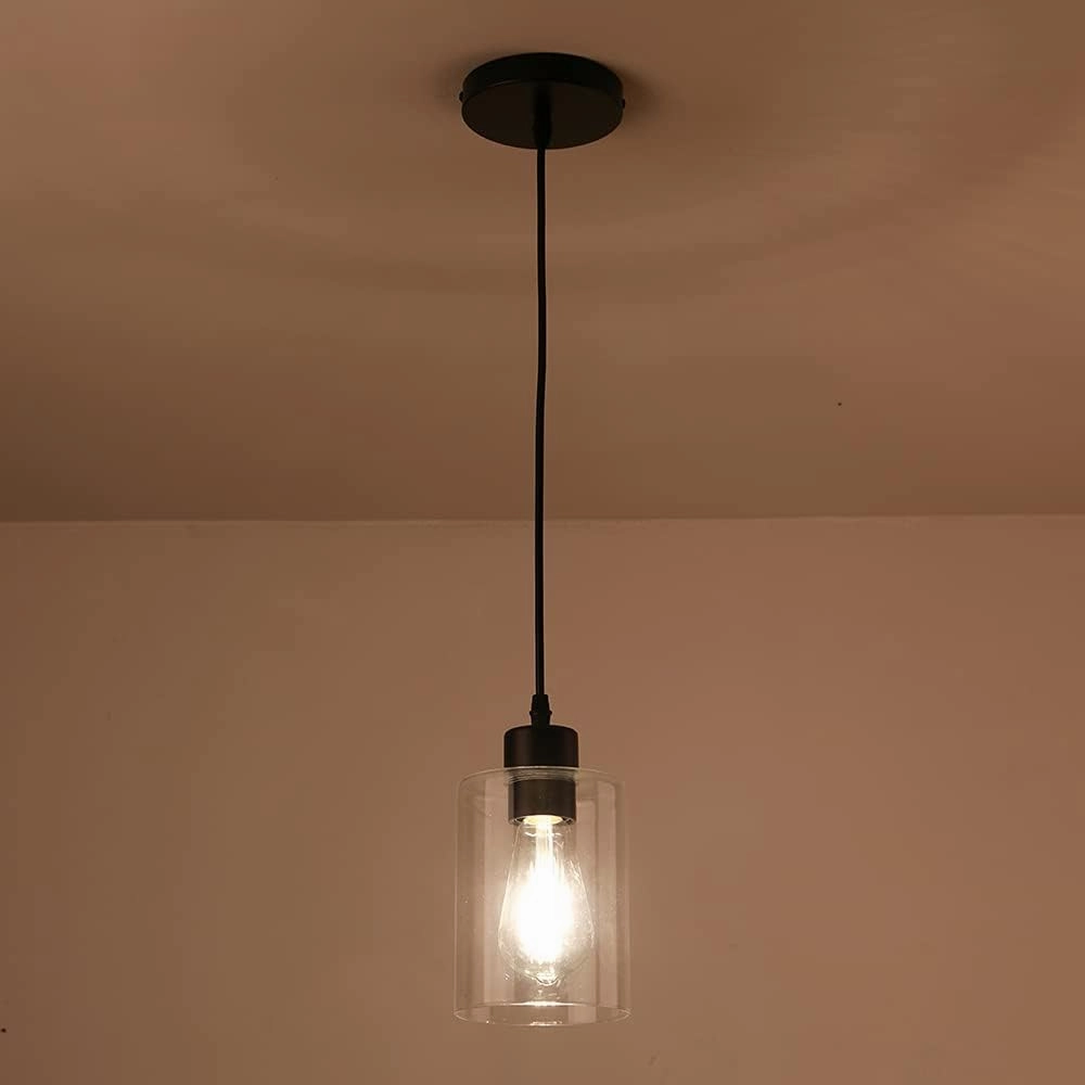Modern Black Farmhouse Clear Glass Cylinder Pendant Light Fixture,Island Lights for Kitchen,Mini Pendant Lighting for Kitchen Island Decor - 4.75 Inch Shade 58 Inch Cord (Black 2 Pack)