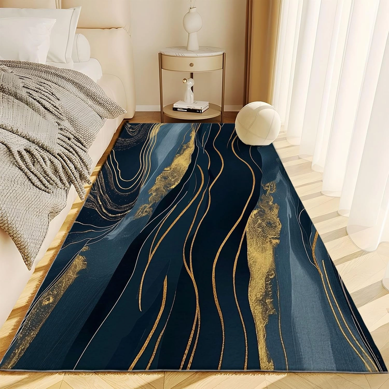 Modern Flannel Area Rug 3 x 5 ft, Abstract Art Golden River Print Rug for Living Rooms and Bedrooms Runner, Abstract Lines Home Decor Rugs, Non-Slip Rug Machine Washable Carpet