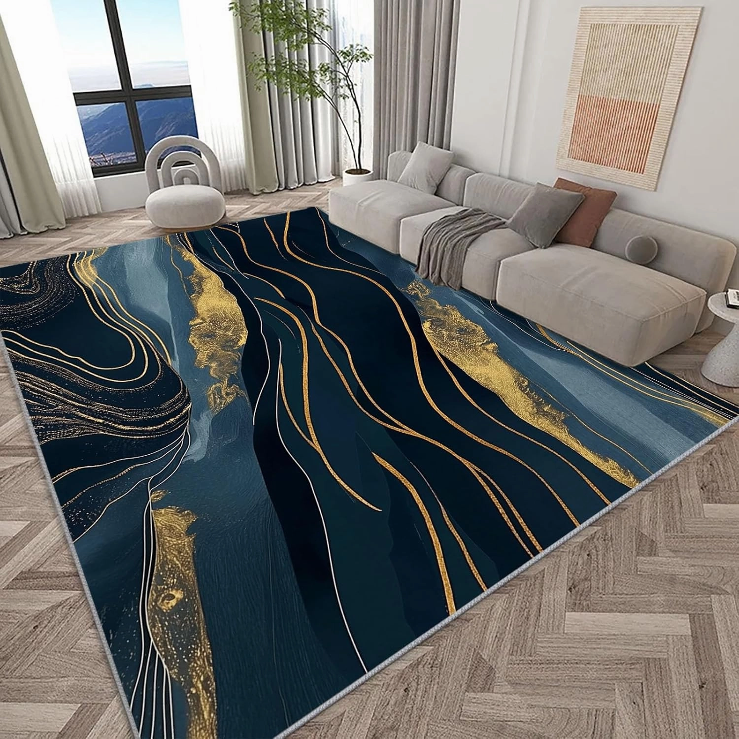 Modern Flannel Area Rug 3 x 5 ft, Abstract Art Golden River Print Rug for Living Rooms and Bedrooms Runner, Abstract Lines Home Decor Rugs, Non-Slip Rug Machine Washable Carpet