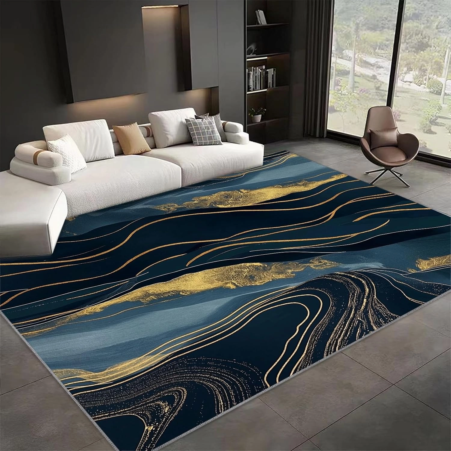 Modern Flannel Area Rug 3 x 5 ft, Abstract Art Golden River Print Rug for Living Rooms and Bedrooms Runner, Abstract Lines Home Decor Rugs, Non-Slip Rug Machine Washable Carpet