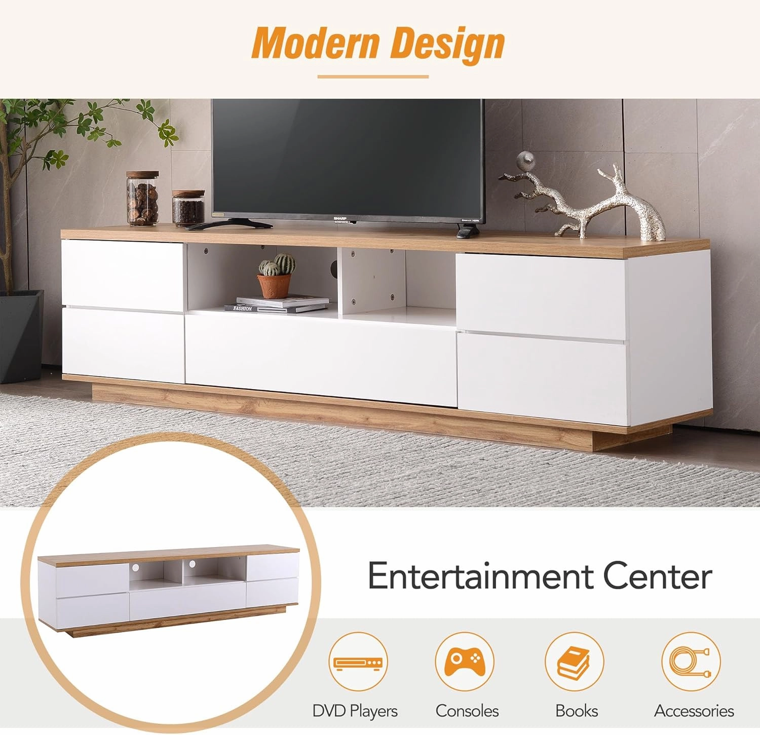 Modern TV Stand with 6 Cabinets & 2 Open Storage Space, Mordern Wood Entertainment Center for TVs Up to 80”, Sturdy TV Console for Living Room Bedroom Decor