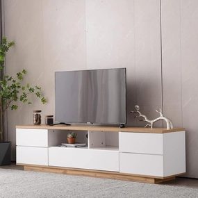 Modern TV Stand with 6 Cabinets & 2 Open Storage Space, Mordern Wood Entertainment Center for TVs Up to 80”, Sturdy TV Console for Living Room Bedroom Decor