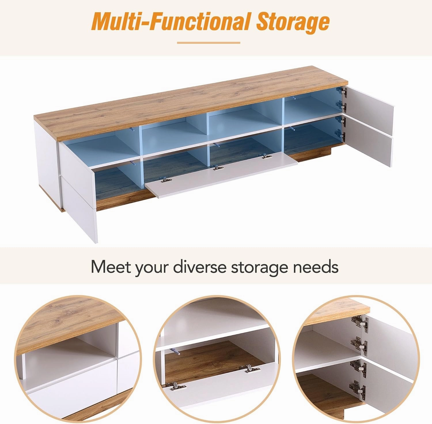 Modern TV Stand with 6 Cabinets & 2 Open Storage Space, Mordern Wood Entertainment Center for TVs Up to 80”, Sturdy TV Console for Living Room Bedroom Decor