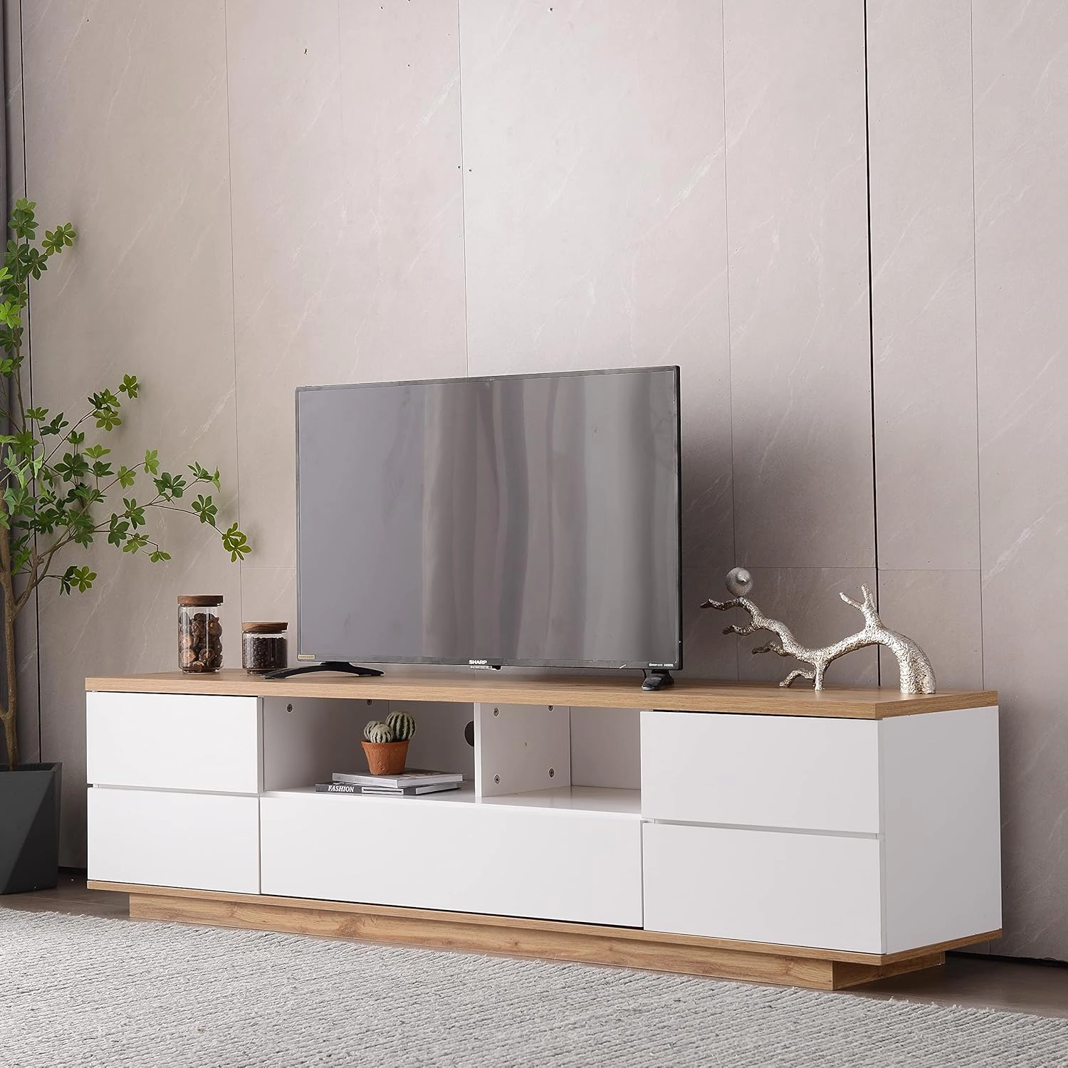 Modern TV Stand with 6 Cabinets & 2 Open Storage Space, Mordern Wood Entertainment Center for TVs Up to 80”, Sturdy TV Console for Living Room Bedroom Decor