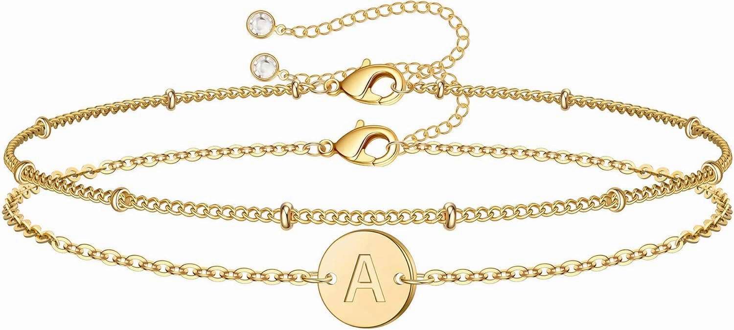 MONOZO Gold Initial Bracelets for Women Mothers Day Gifts, Dainty 14K Gold Plated Layered Beaded Letter Initial Bracelet Personalized 26 Alphabet Disc Monogram Charm Bracelet Mothers Day Gifts for Mom