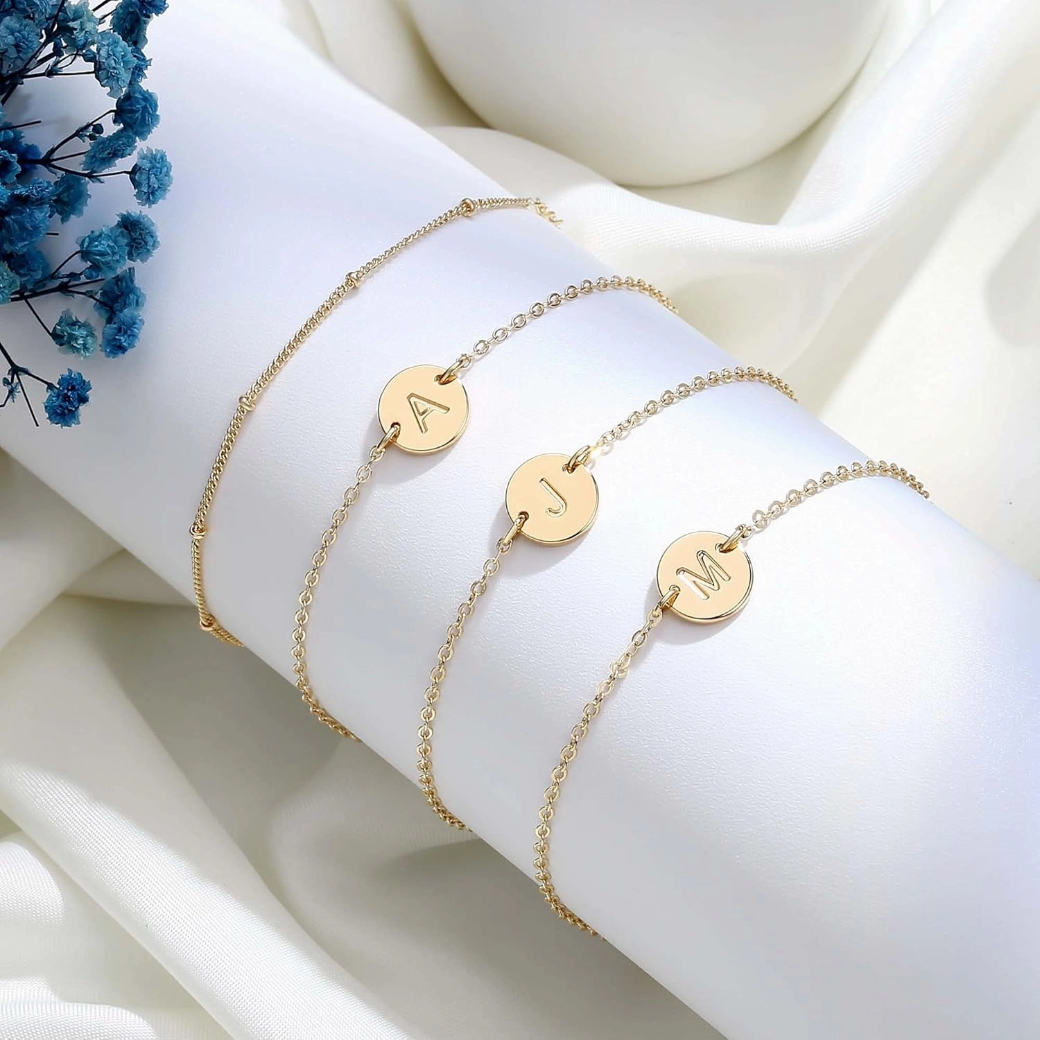 MONOZO Gold Initial Bracelets for Women Mothers Day Gifts, Dainty 14K Gold Plated Layered Beaded Letter Initial Bracelet Personalized 26 Alphabet Disc Monogram Charm Bracelet Mothers Day Gifts for Mom