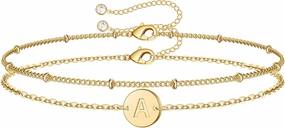 MONOZO Gold Initial Bracelets for Women Mothers Day Gifts, Dainty 14K Gold Plated Layered Beaded Letter Initial Bracelet Personalized 26 Alphabet Disc Monogram Charm Bracelet Mothers Day Gifts for Mom