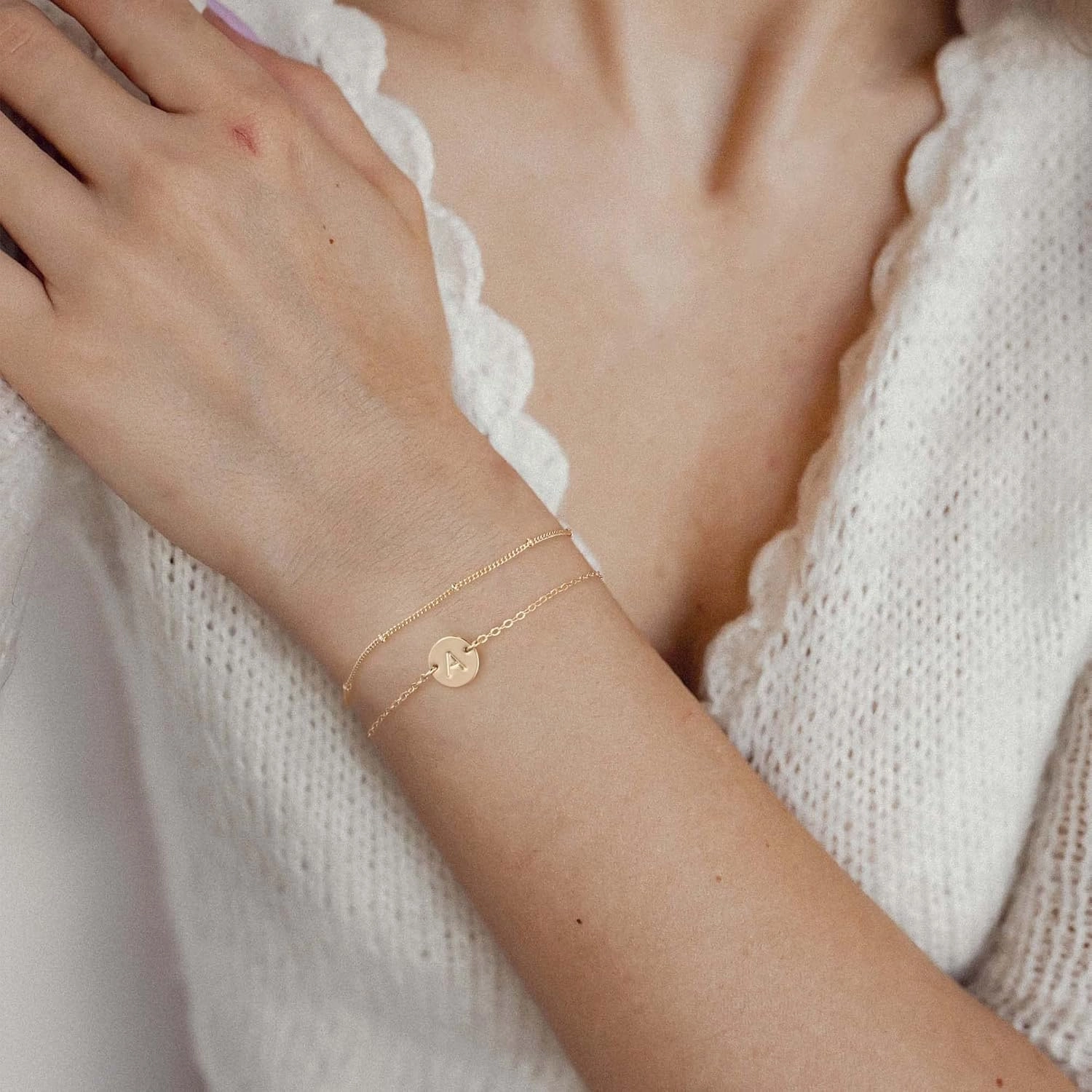 MONOZO Gold Initial Bracelets for Women Mothers Day Gifts, Dainty 14K Gold Plated Layered Beaded Letter Initial Bracelet Personalized 26 Alphabet Disc Monogram Charm Bracelet Mothers Day Gifts for Mom