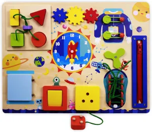 Montessori Wooden Busy Board for Toddlers - Sensory Board for Fine Motor Skills - Gift for Kids, Baby Boys, Girls - Travel Toys for Plane, Car