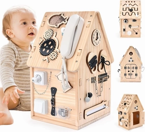 Montessori Wooden Busy House - Busy Board Toy for Toddlers - Preschool Learning Educational Toys - Sensory Board for Fine Motor Skills, Gifts for Babys Boys & Girls