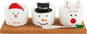 Mud Pie Xmas Wood Ramekin Set Serving, board 4 1/4" x 9 3/4" | dip 3" x 2 3/4" dia, BROWN