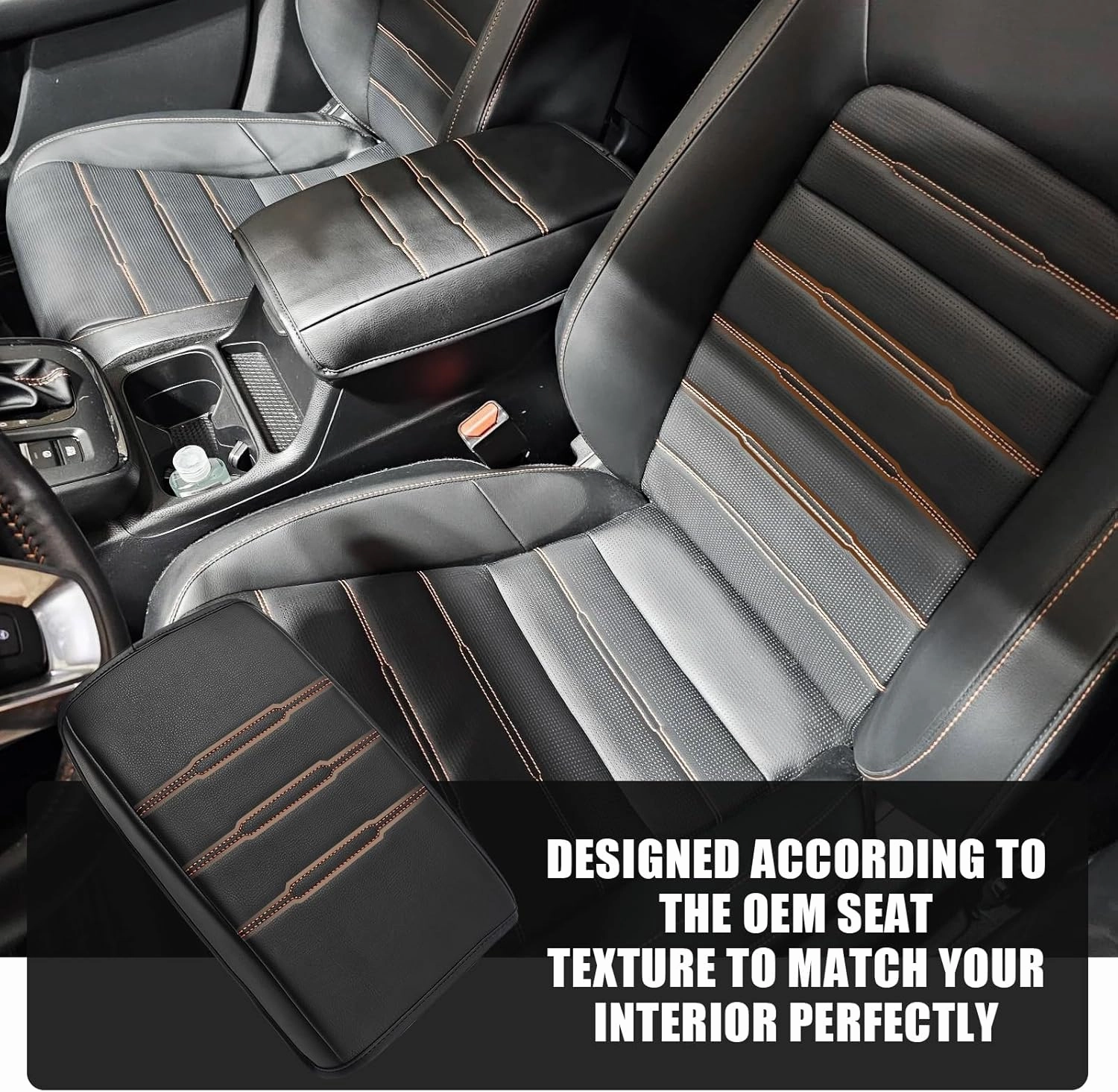 Muslogy Center Console Cover Compatible with 2023 2024 2025 Honda CR-V Accessories CRV Hybrid LX EX EX-L Sport Touring Armrest Cover Lid Cushion Protector Vegan Leather Extra Soft(Black/Orange Trim)
