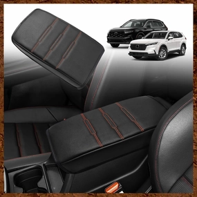 Muslogy Center Console Cover Compatible with 2023 2024 2025 Honda CR-V Accessories CRV Hybrid LX EX EX-L Sport Touring Armrest Cover Lid Cushion Protector Vegan Leather Extra Soft(Black/Orange Trim)