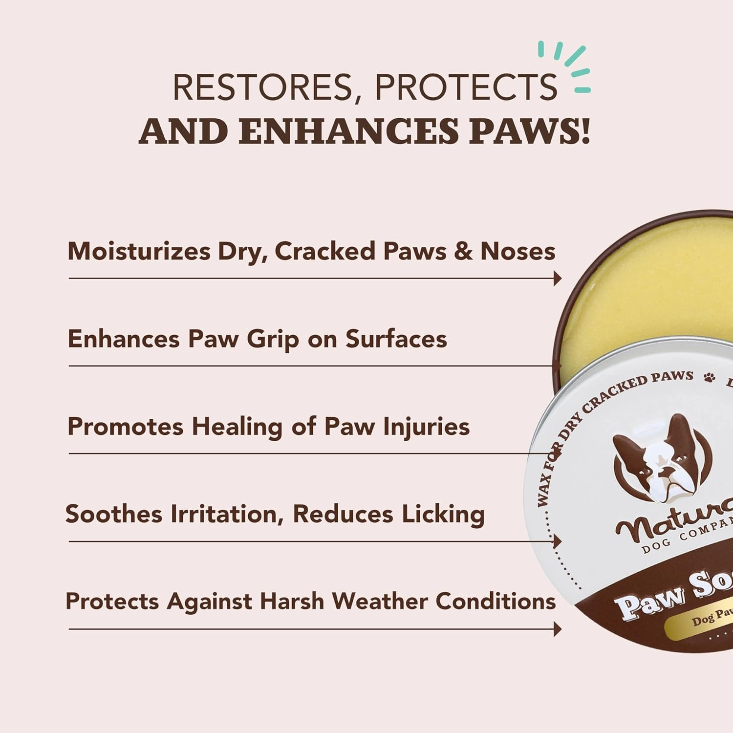 Natural Dog Company Paw Soother Balm & Wax for Dogs, Moisturizing Relief for Dry, Cracked Paws, Lick-Safe,Repairs & Heals, Protects Against Extreme Weather, Coconut Oil & Vitamin E, 1 oz Tin