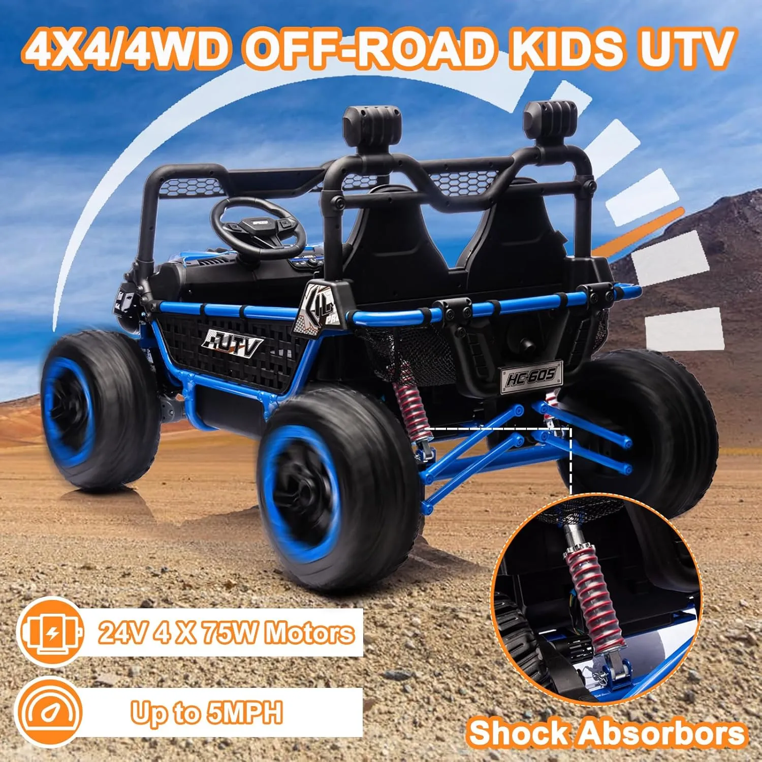 NEWQIDA XXL 2 Seater Kids UTV 24V Ride on Toys Car with Remote Control, 4WD 4-Wheeler Spring Suspension, Up to 5MPH, EVA Rubber Tires, Bluetooth, Music, 22" Spacious Seat for Boys Girls, Blue