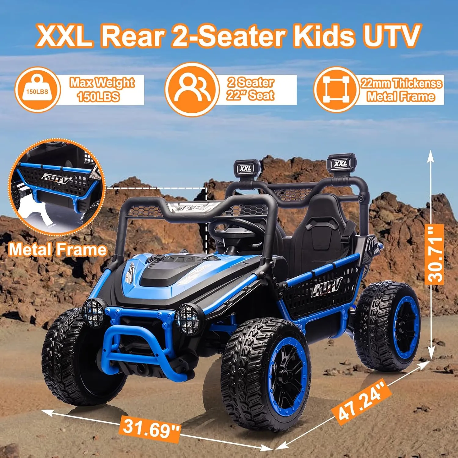 NEWQIDA XXL 2 Seater Kids UTV 24V Ride on Toys Car with Remote Control, 4WD 4-Wheeler Spring Suspension, Up to 5MPH, EVA Rubber Tires, Bluetooth, Music, 22" Spacious Seat for Boys Girls, Blue