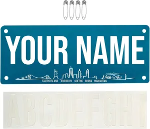 NYC Name Bib Kit – Weatherproof, Tear-Resistant Race Bib with Alphabet Decals & Safety Pins – Add-Your-Name Running Accessory for 5Ks, Marathons, Triathlons, Cycling & Races