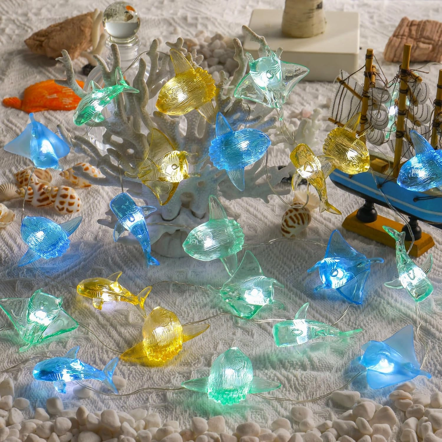 Ocean Themed Sea Life Fairy Decorative String Lights of Marine Life Cute Lights Whale Shark Sunfish Manta Ray 10ft 30 LEDs USB Operated with Remote Control for Bedroom Beach Party Decoration