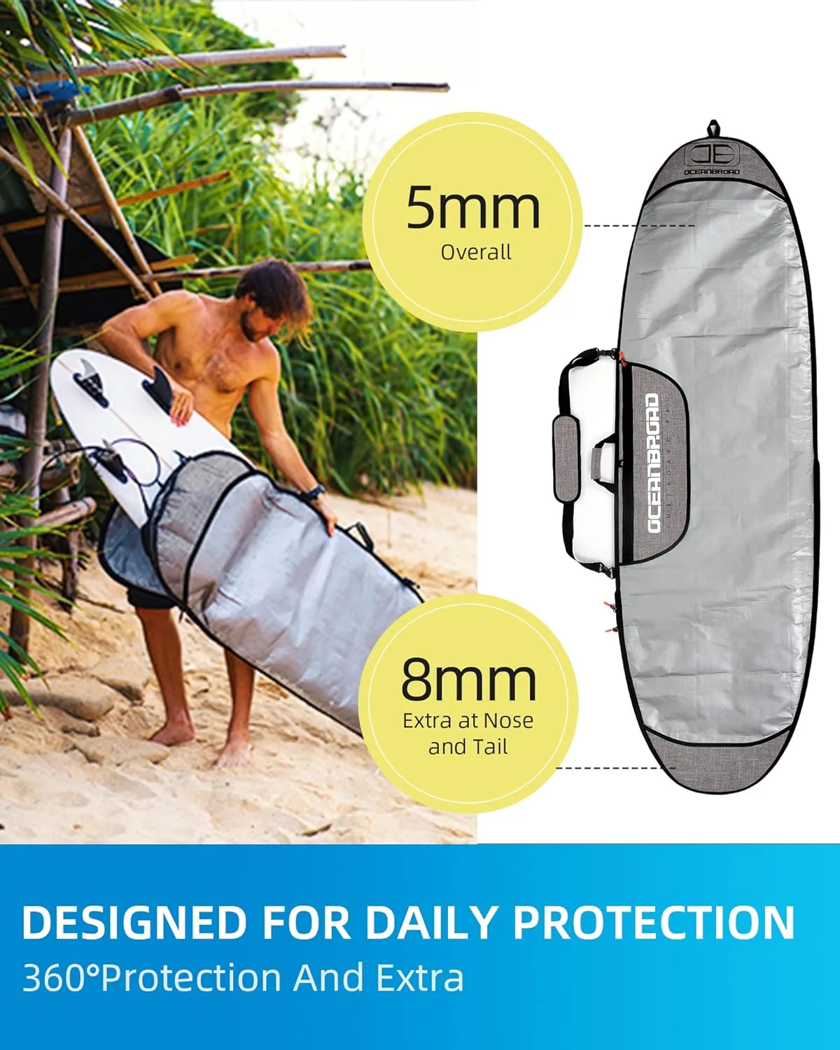 OCEANBROAD Surfboard Longboard Bag Day Bag Board Cover 5'0, 5'6, 6'0, 6'6, 7'0, 7'6, 8'0, 8'6, 9'0, 9'6, 10'0