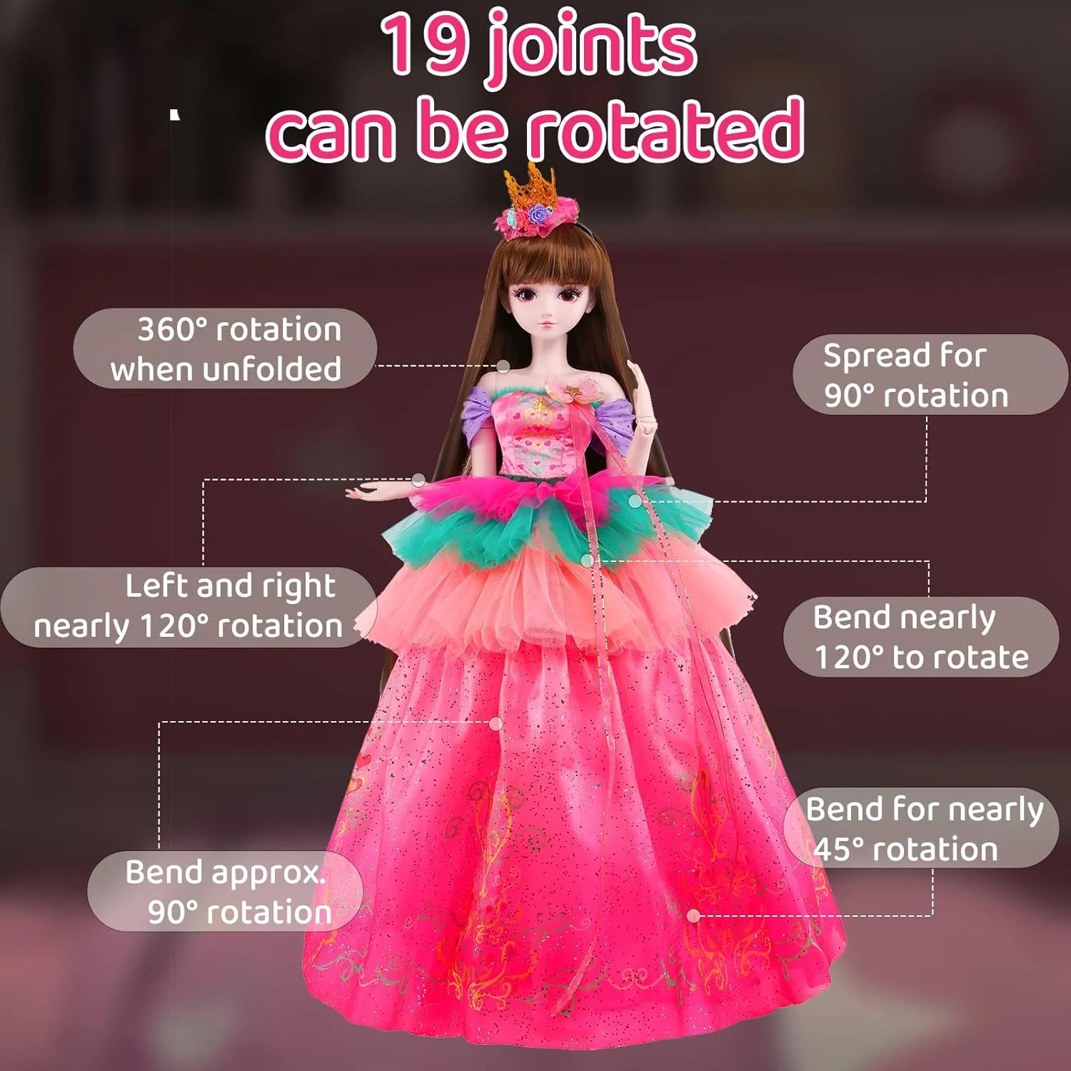 Official BDJ Fashion Doll Cartoon Figures with Height 18” &19 Movable Rotatable Joints Glamorous Outfits, Fabulous Accessories – Great Gift for Kids Ages 3 
