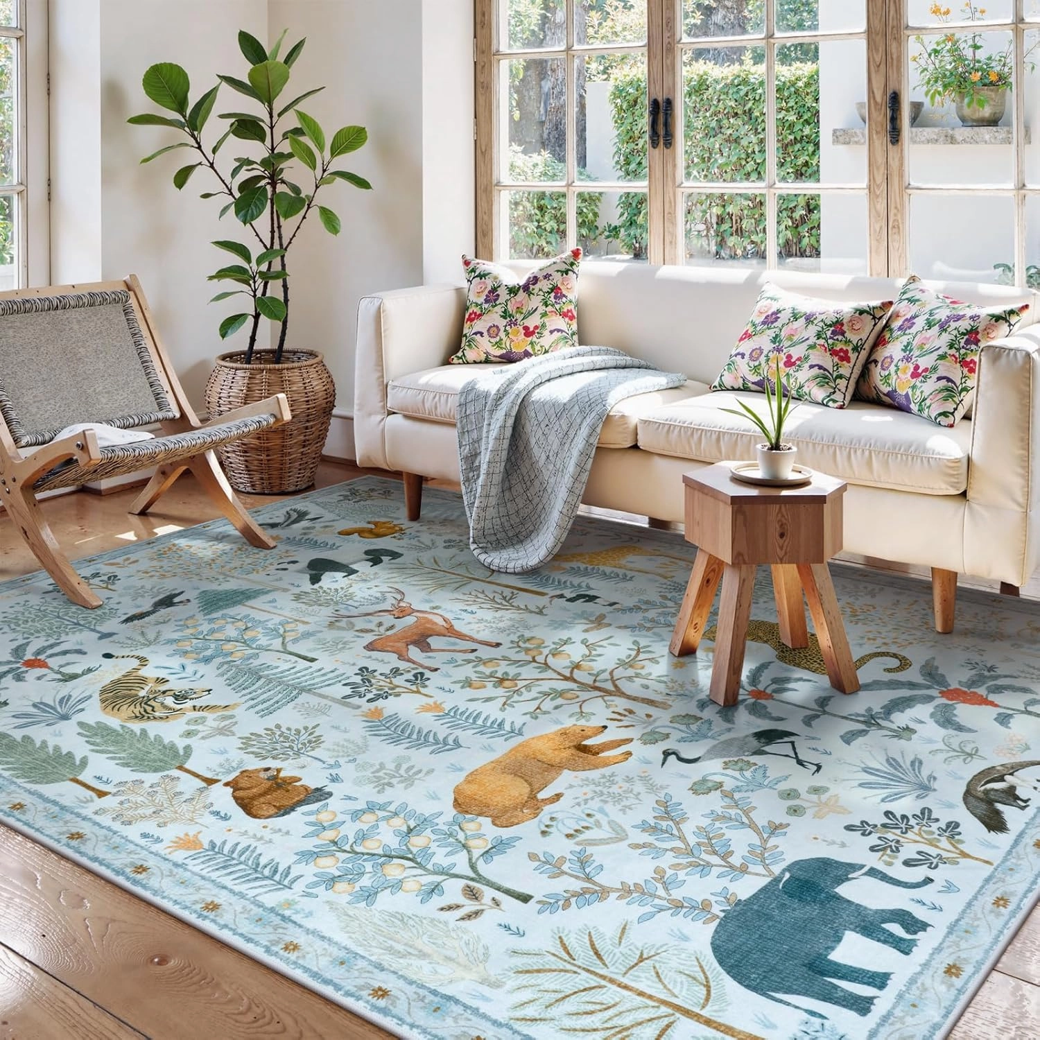 OJIA Animal Print Washable Area Rug 5x7, Soft Nursery Rugs for Living Room Ultra-Thin Non-Shedding Kids Bedroom Rug, Stain Resistant Throw Rug Large Carpet for Dining Room, Light Blue