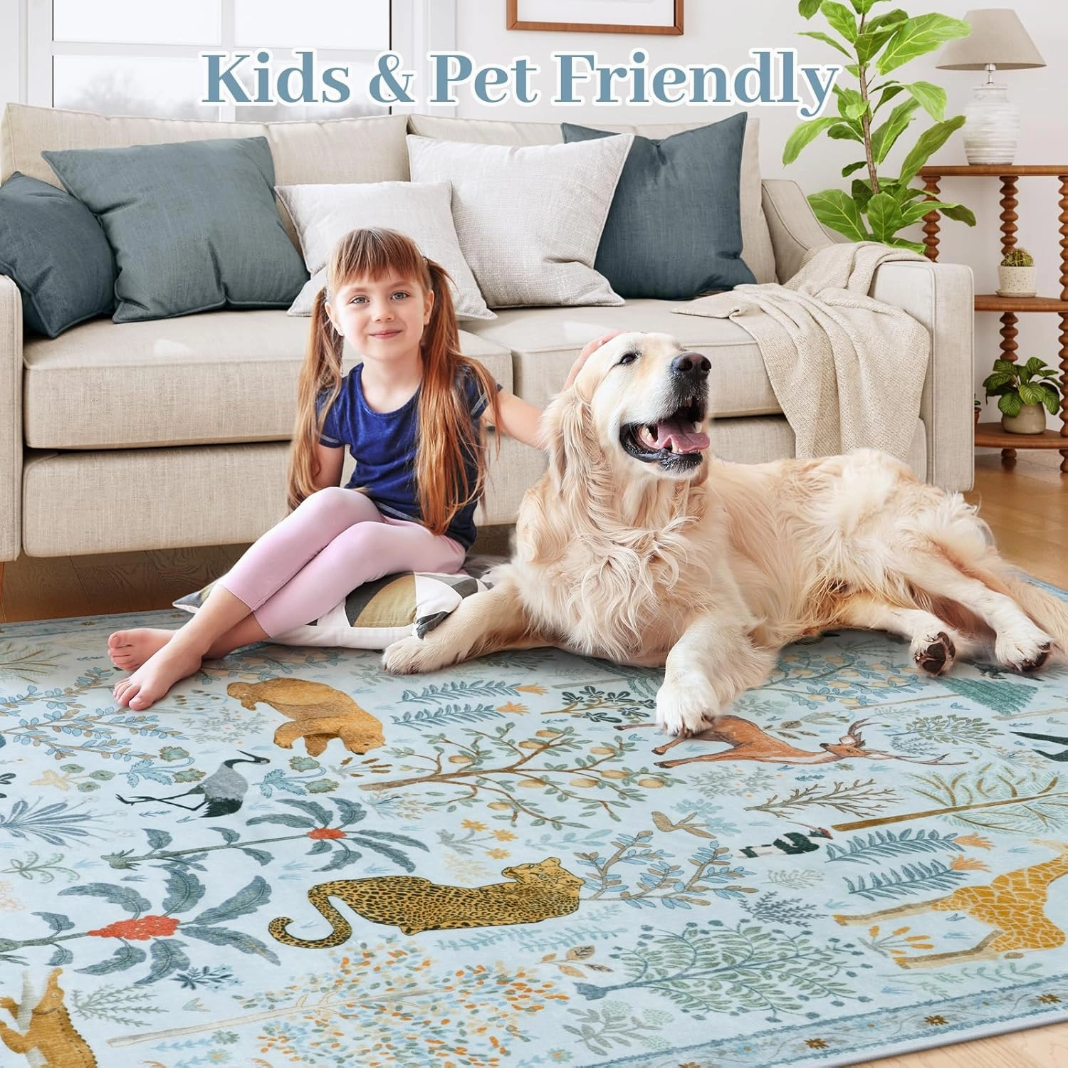 OJIA Animal Print Washable Area Rug 5x7, Soft Nursery Rugs for Living Room Ultra-Thin Non-Shedding Kids Bedroom Rug, Stain Resistant Throw Rug Large Carpet for Dining Room, Light Blue