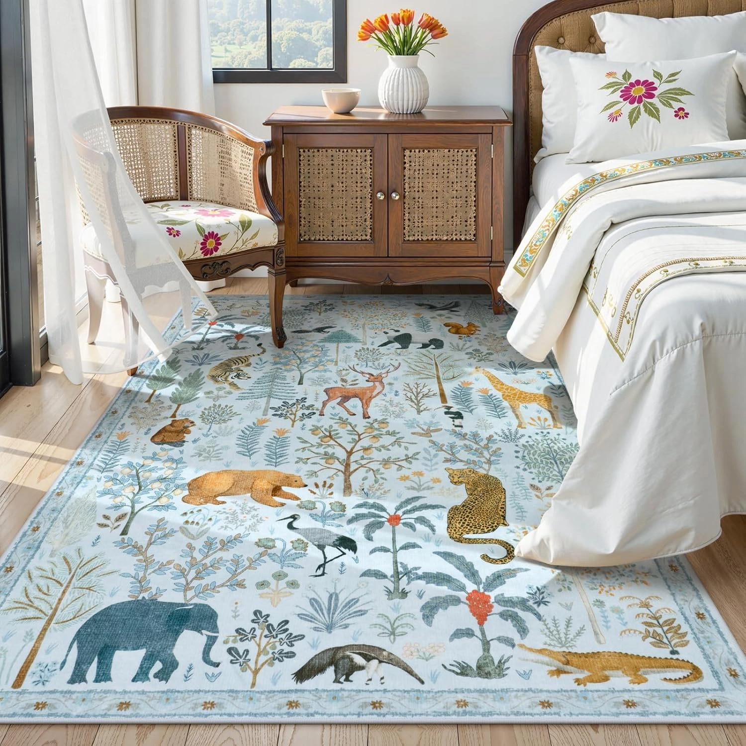 OJIA Animal Print Washable Area Rug 5x7, Soft Nursery Rugs for Living Room Ultra-Thin Non-Shedding Kids Bedroom Rug, Stain Resistant Throw Rug Large Carpet for Dining Room, Light Blue
