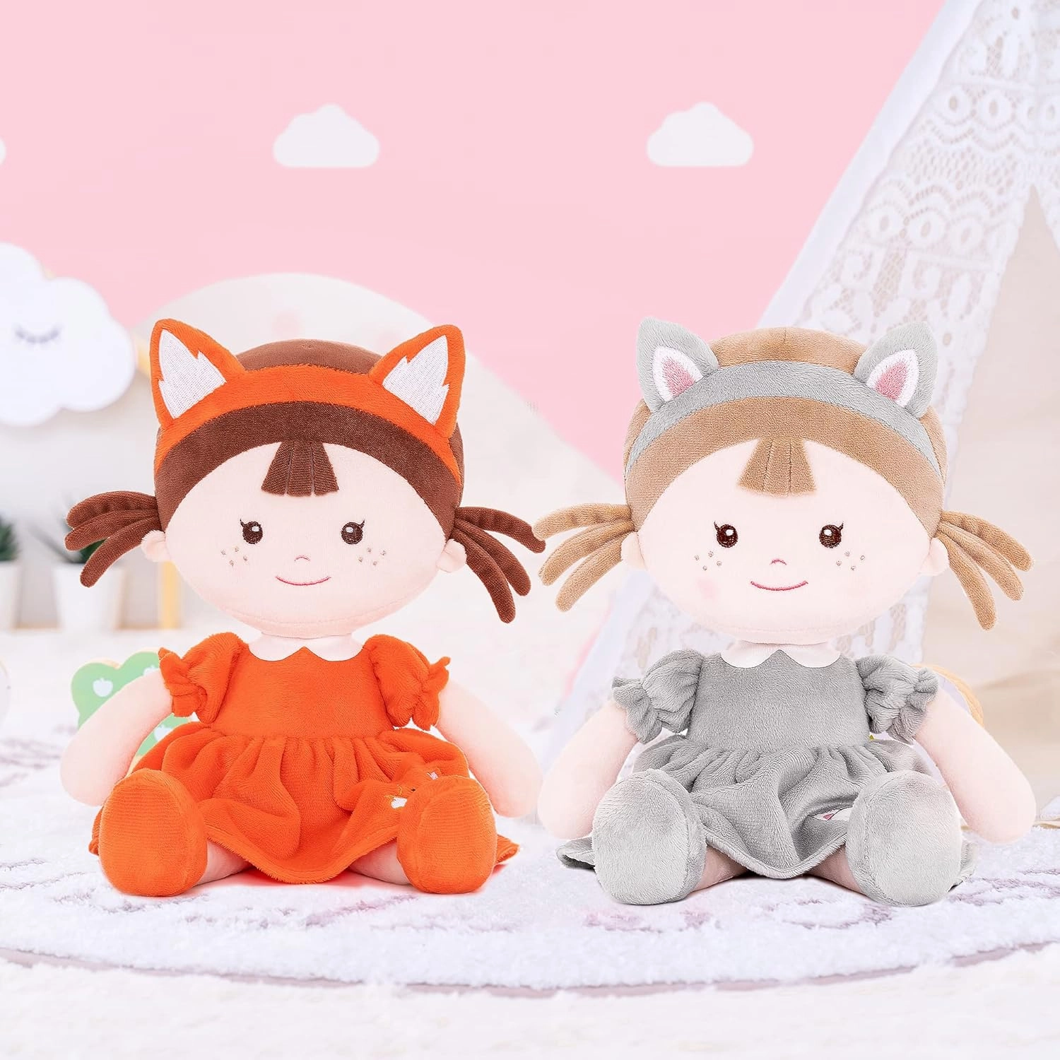 Onetoo First Baby Doll Plush Rag Dolls Sleeping Cuddle Buddy Dolls Soft Baby Doll for Girls Wear Fox Costume Reddish Brown Dress14（Milly Series）