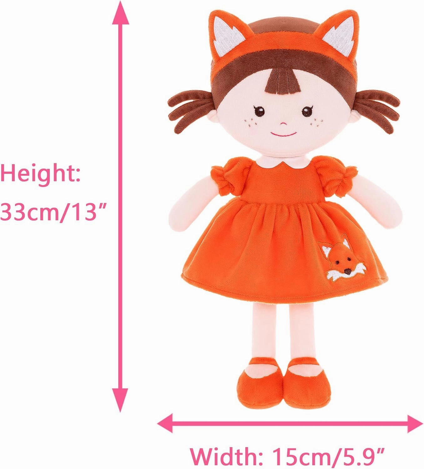 Onetoo First Baby Doll Plush Rag Dolls Sleeping Cuddle Buddy Dolls Soft Baby Doll for Girls Wear Fox Costume Reddish Brown Dress14（Milly Series）