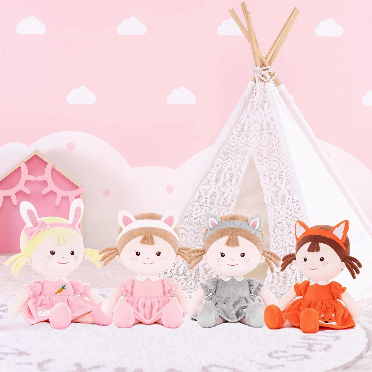 Onetoo First Baby Doll Plush Rag Dolls Sleeping Cuddle Buddy Dolls Soft Baby Doll for Girls Wear Fox Costume Reddish Brown Dress14（Milly Series）