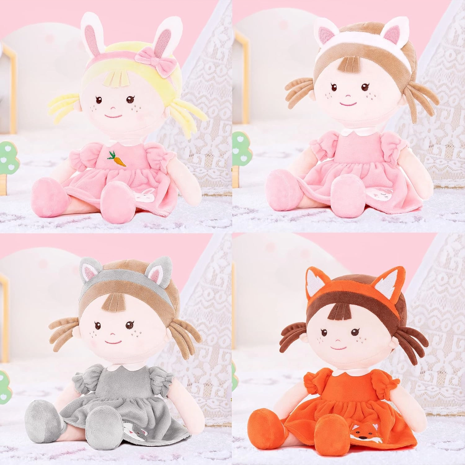 Onetoo First Baby Doll Plush Rag Dolls Sleeping Cuddle Buddy Dolls Soft Baby Doll for Girls Wear Fox Costume Reddish Brown Dress14（Milly Series）