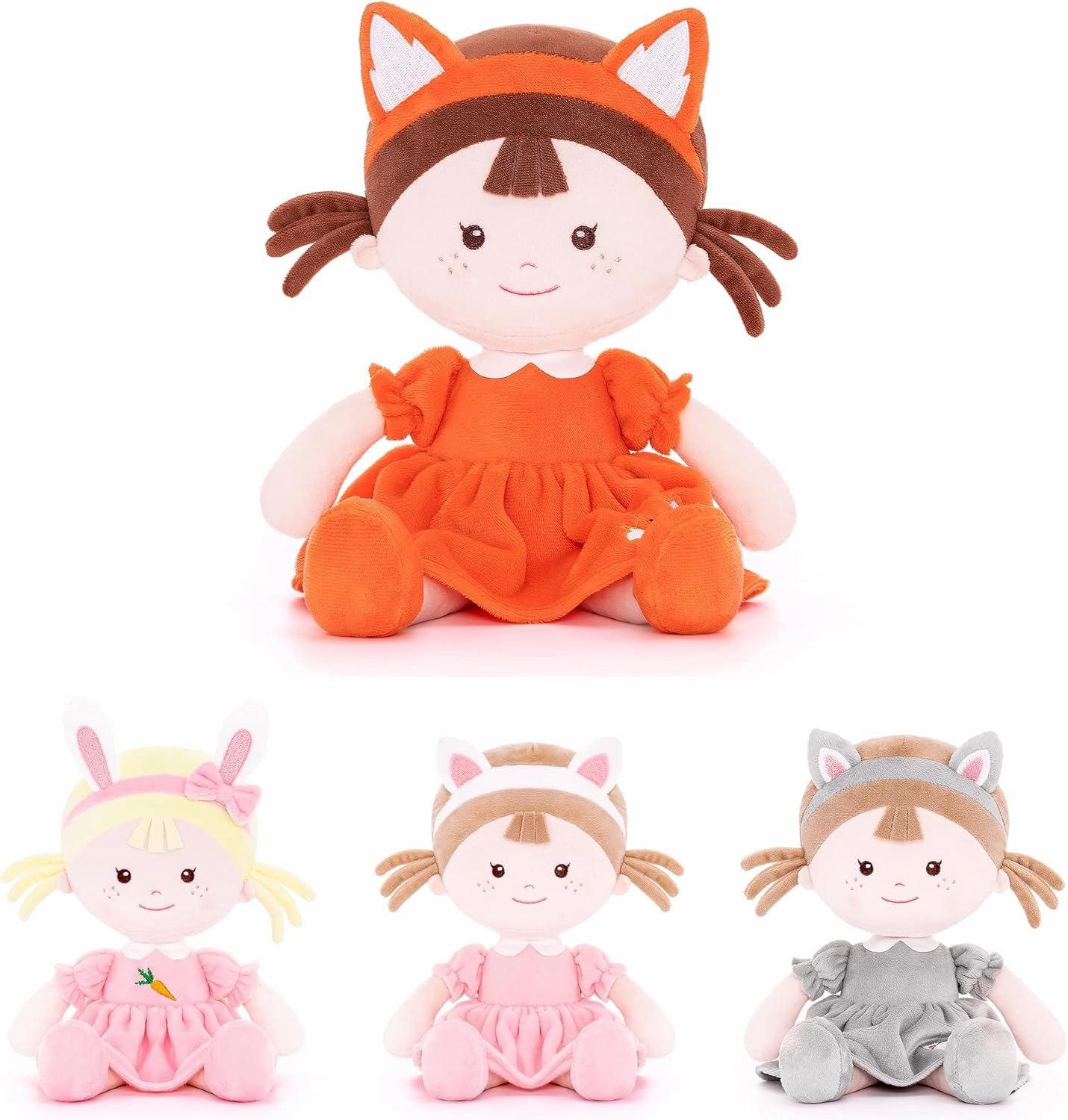Onetoo First Baby Doll Plush Rag Dolls Sleeping Cuddle Buddy Dolls Soft Baby Doll for Girls Wear Fox Costume Reddish Brown Dress14（Milly Series）